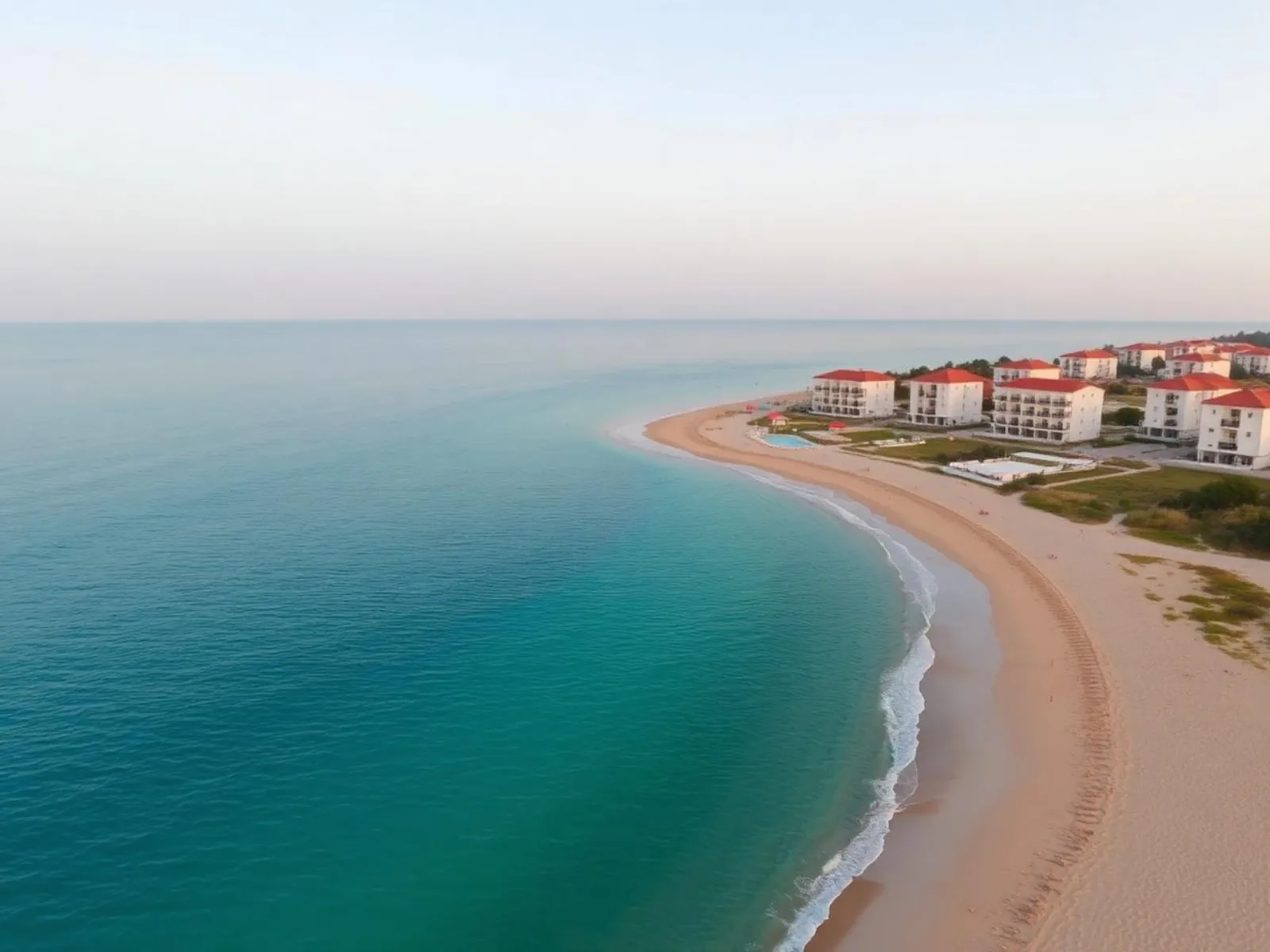 Modern Midia Grand Resort complex and pools beside Aheloy's sandy Black Sea beach