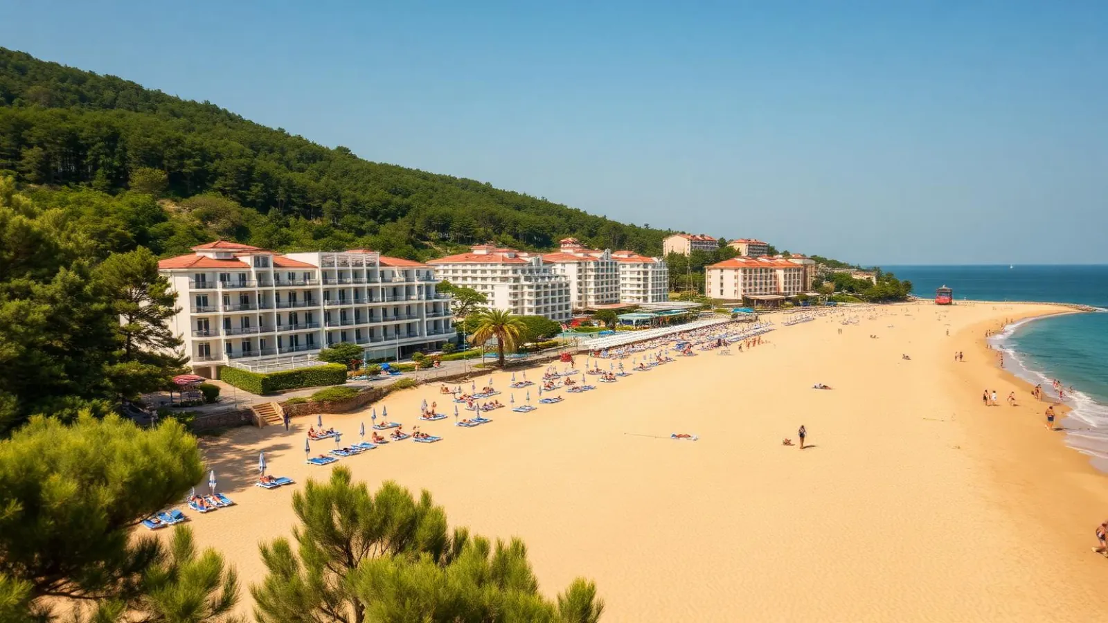 Wide curved Albena beach backed by a pine forest and family resort hotels