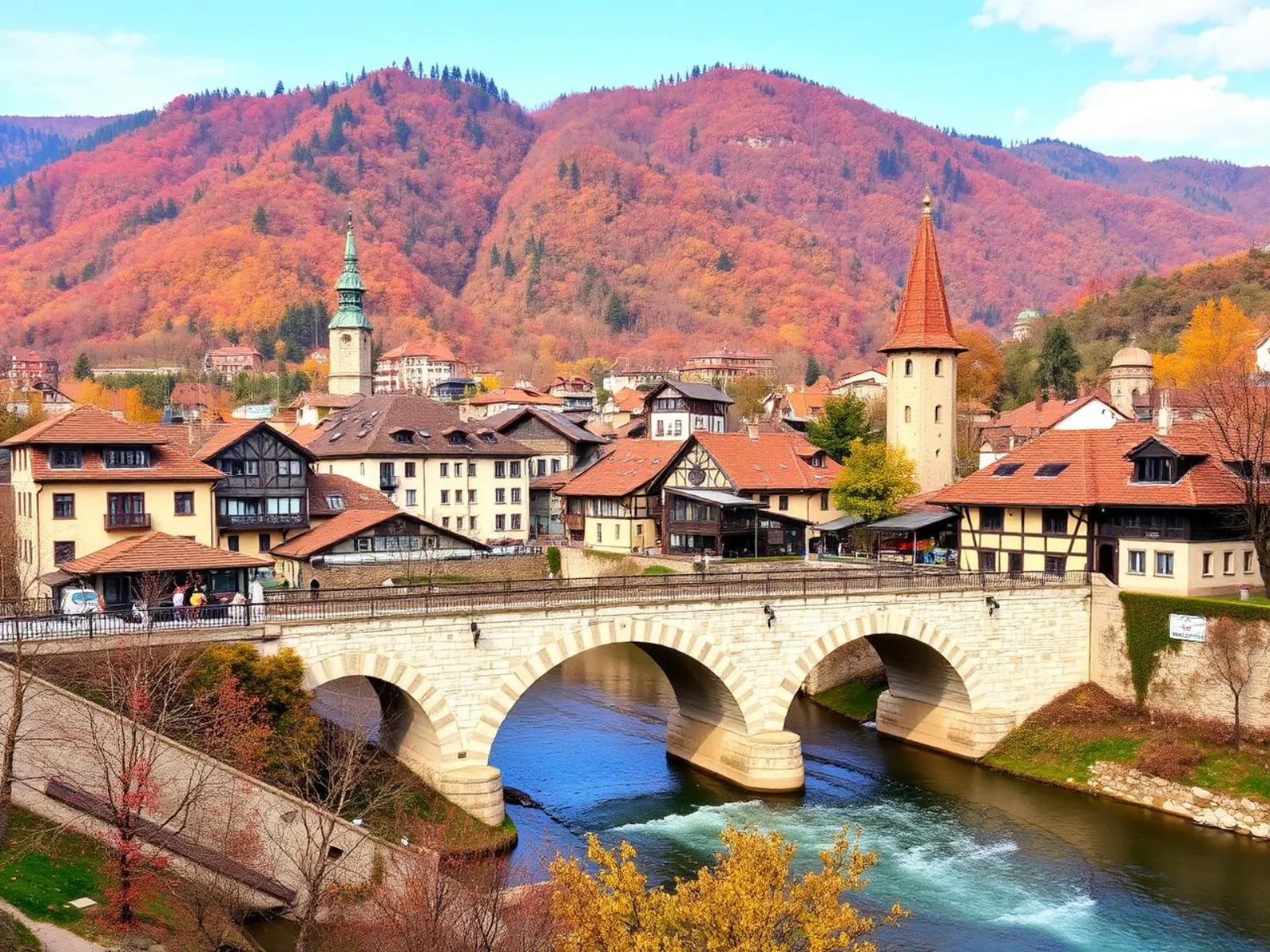 Riverside houses of Gabrovo along the Yantra in the central Balkan Mountains