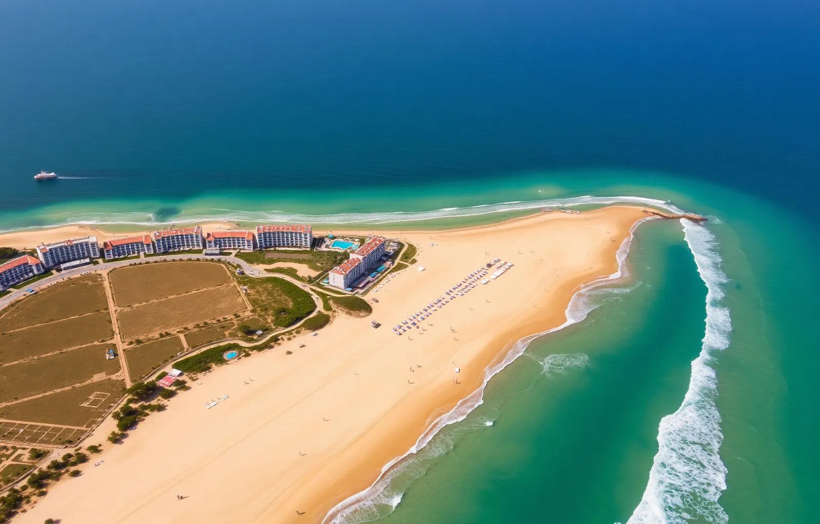 Golden Sands resort beach north of Varna lined with hotels and pine-covered slopes