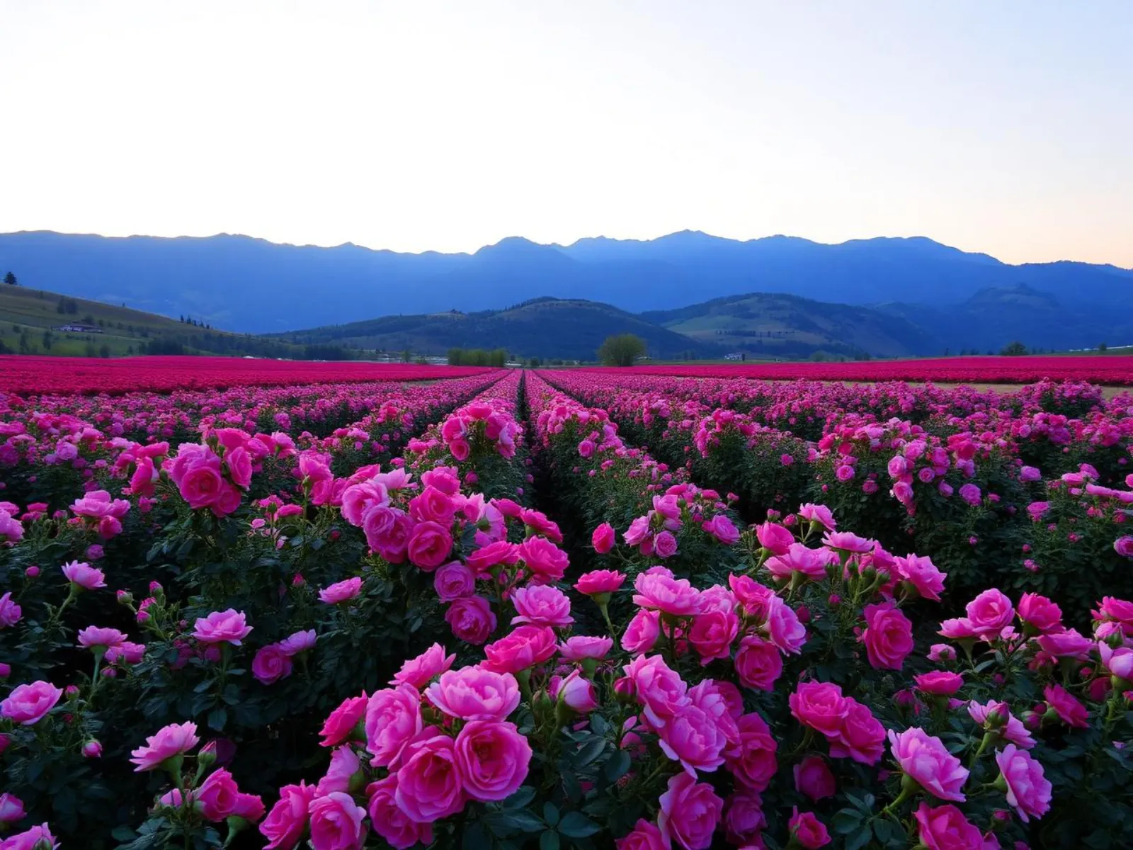 Blooming rose fields of the Kazanlak Rose Valley with the Balkan range behind