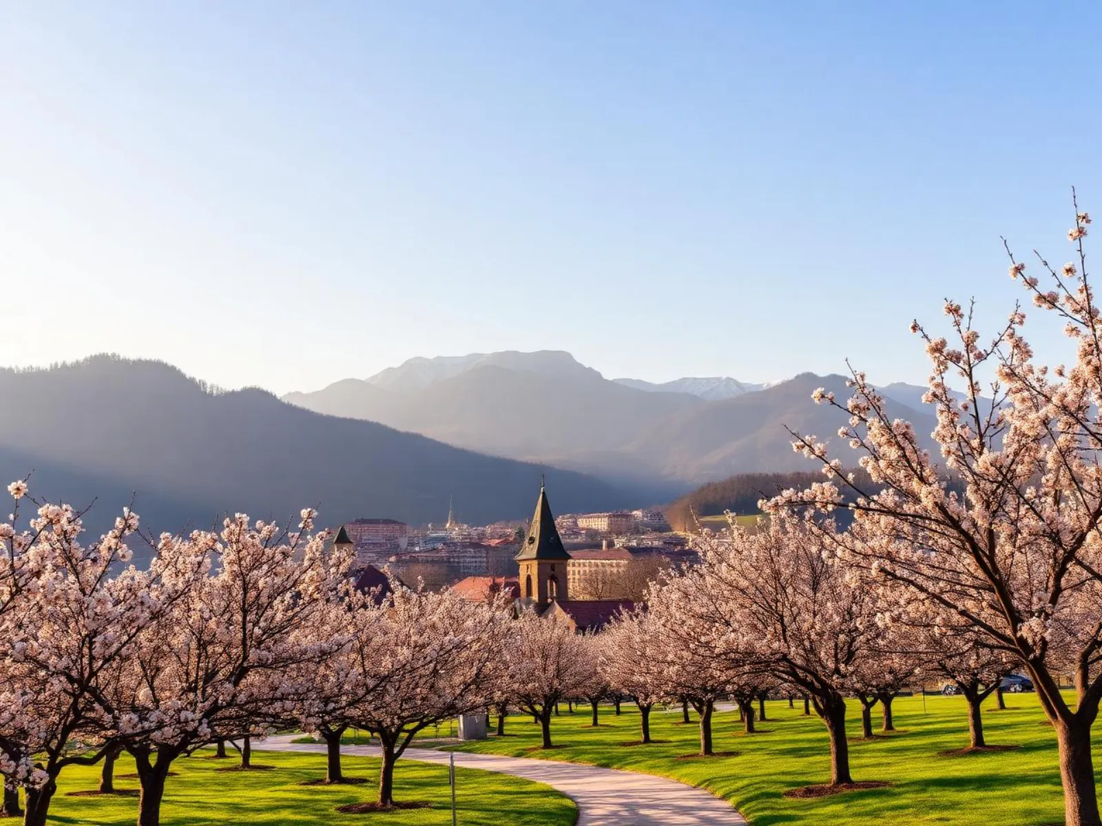 Kyustendil spa city surrounded by blossoming fruit orchards in southwestern Bulgaria