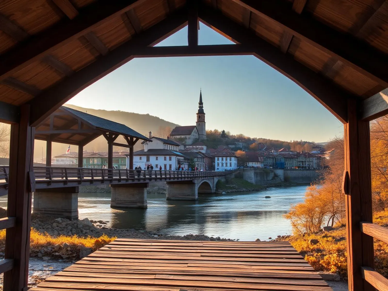Historic covered wooden bridge of Lovech spanning the Osam river