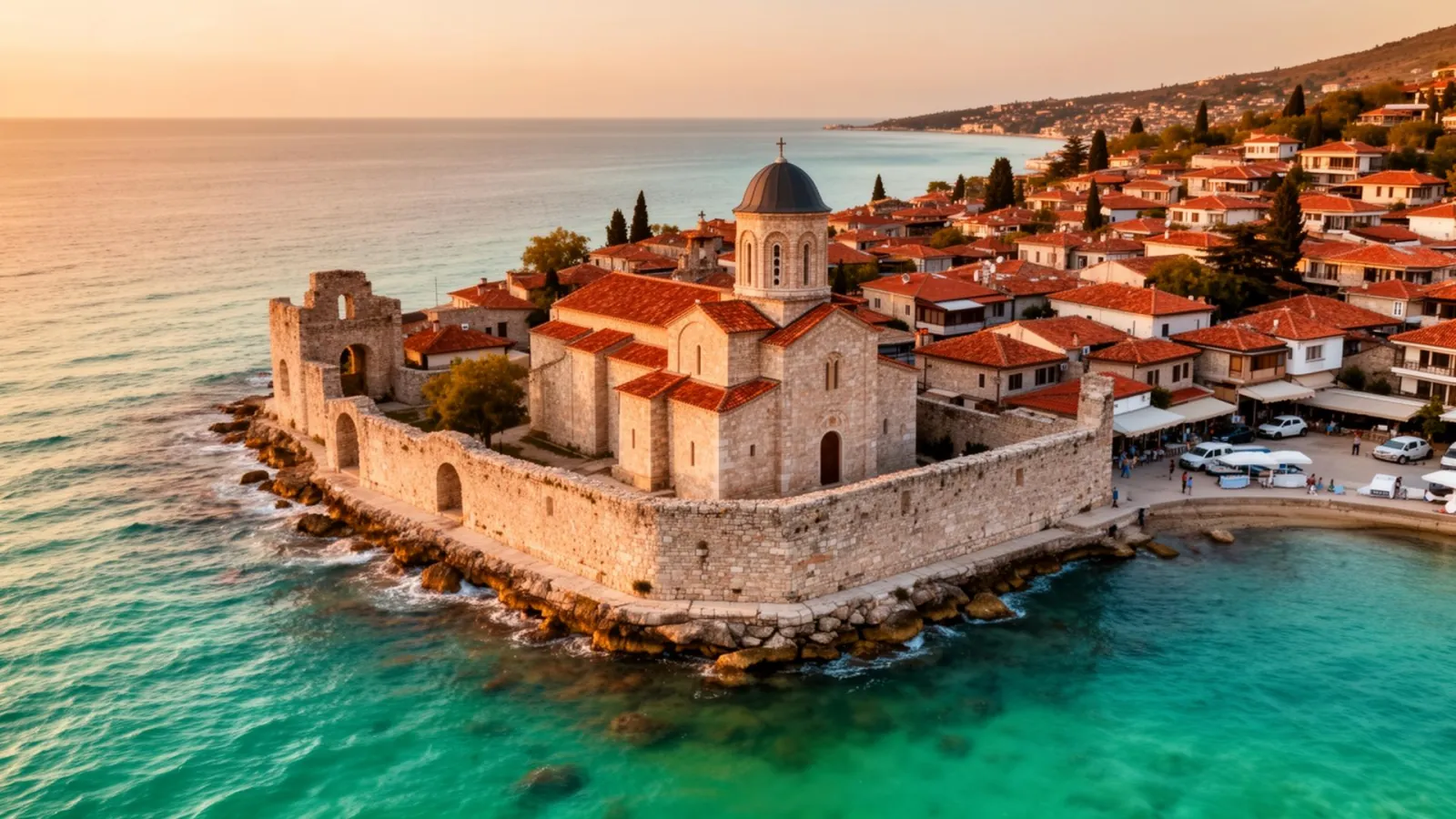 UNESCO-listed Nessebar peninsula with Byzantine stone churches and red-tile roofs