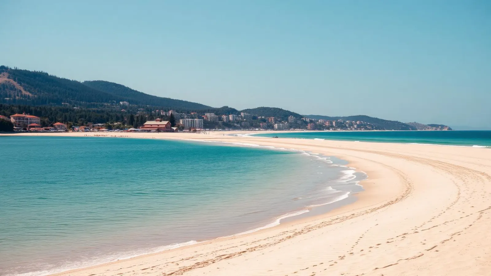 Long uninterrupted sandy beach of Obzor stretching beneath the green Balkan foothills