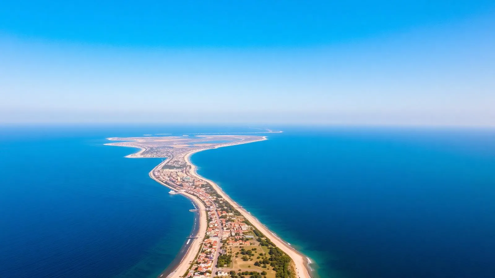 Pomorie salt pans and lagoon stretching toward the town's narrow seaside peninsula