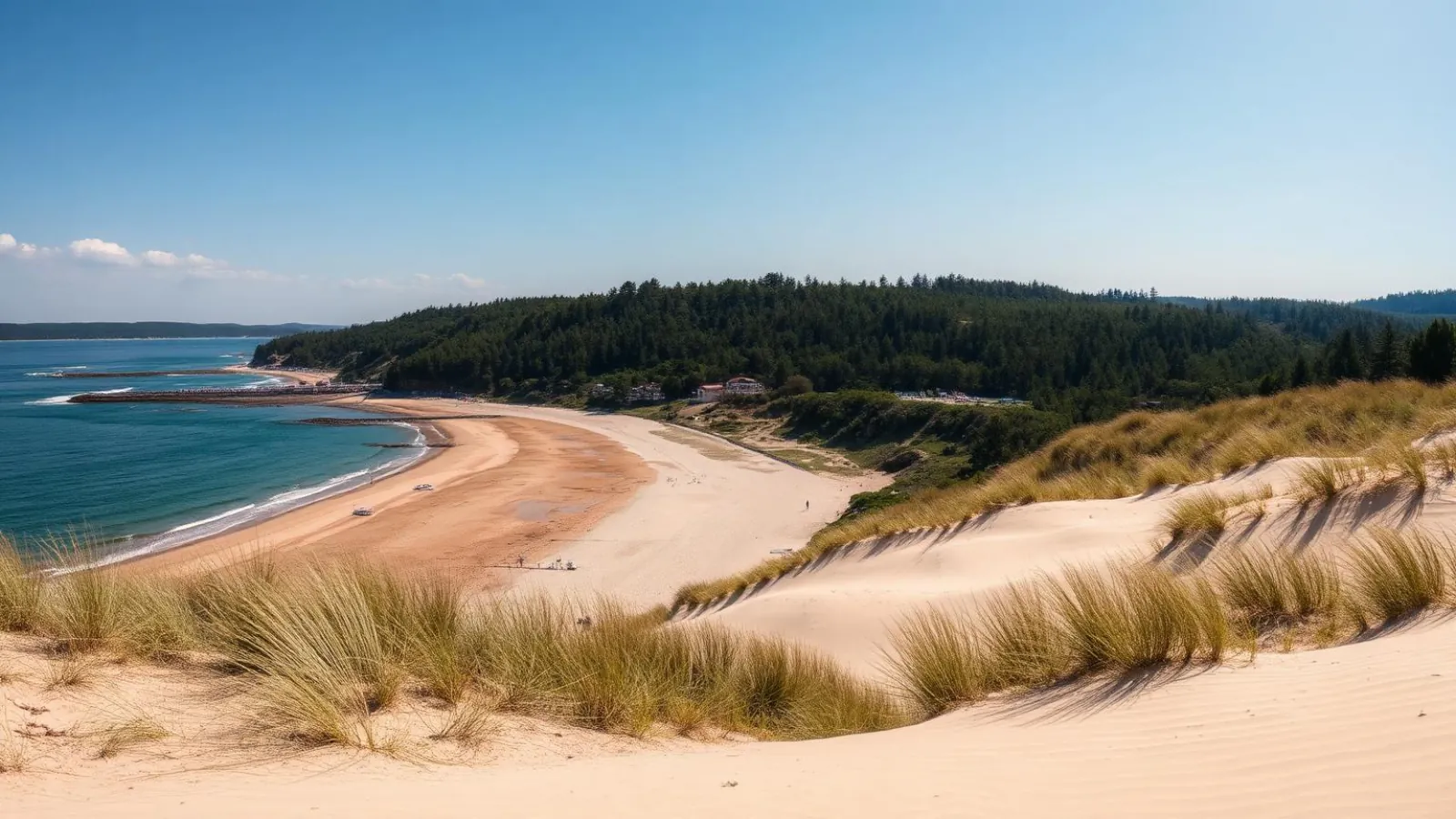 Primorsko's long sandy beach beside the wooded Ropotamo nature reserve