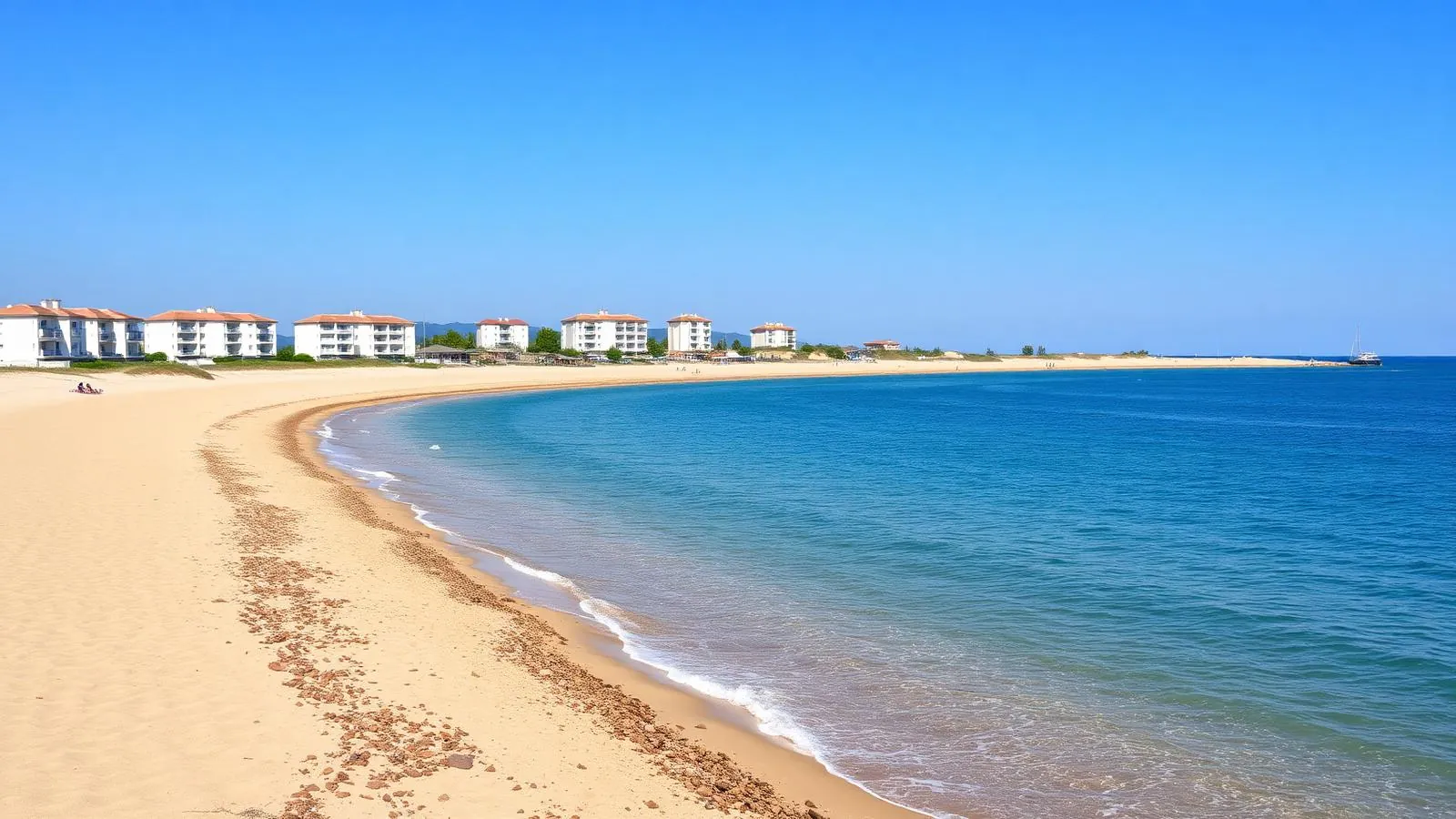 Calm sandy beach of Ravda village with Nessebar peninsula visible in the distance