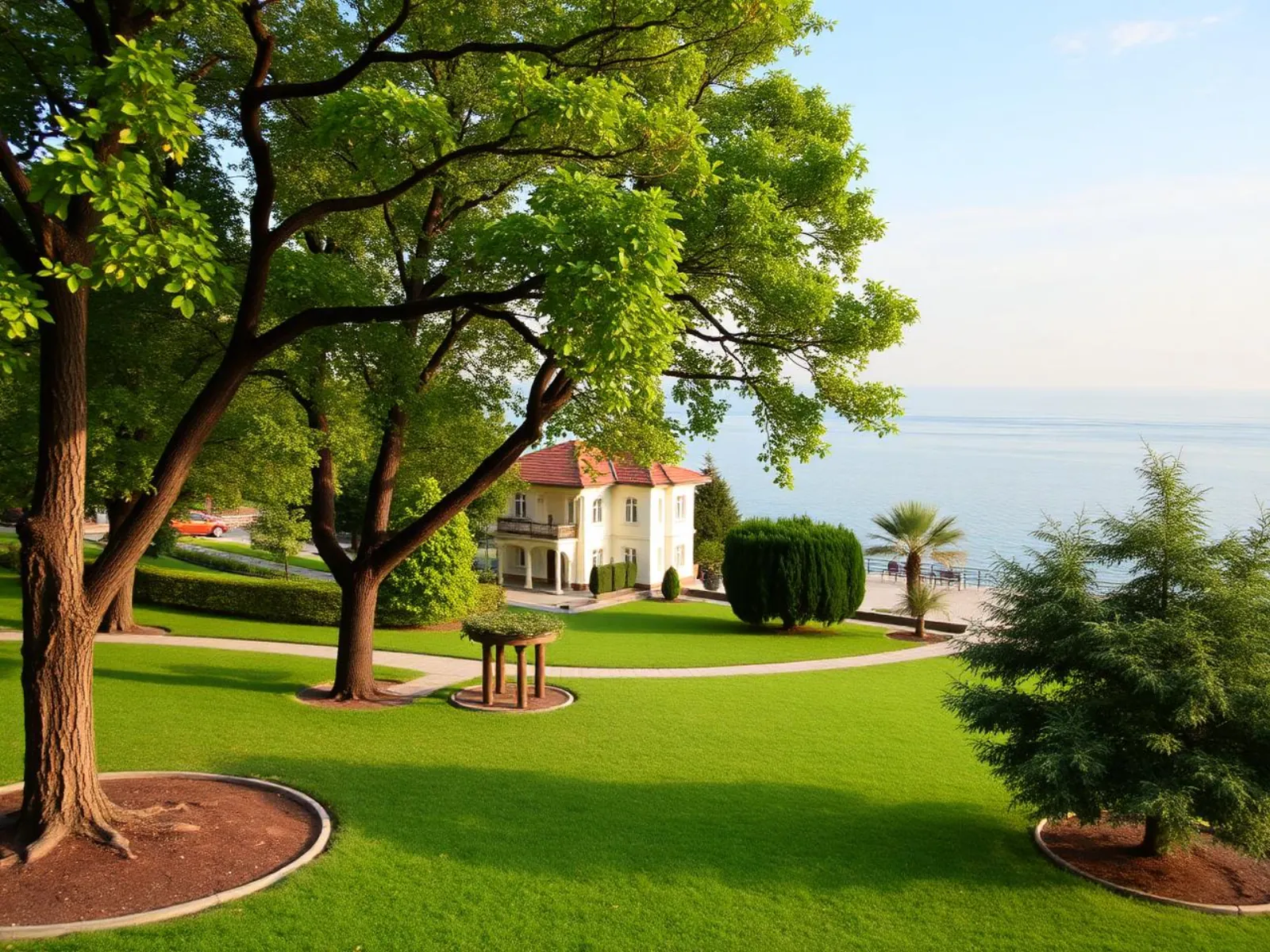 Leafy park paths and historic spa villas of Saints Constantine and Helena resort by the sea