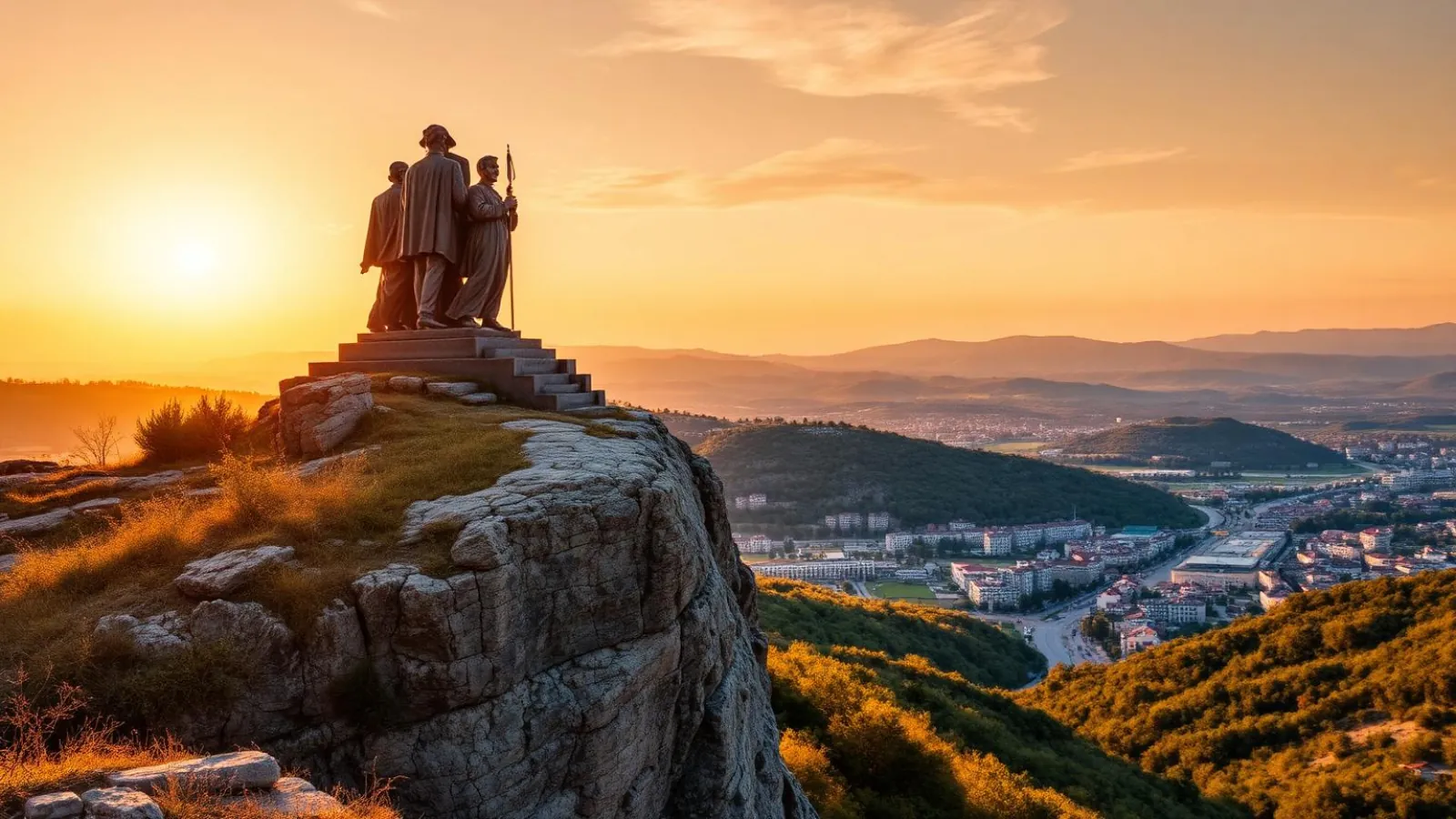Shumen city below the monumental Founders of the Bulgarian State hilltop memorial