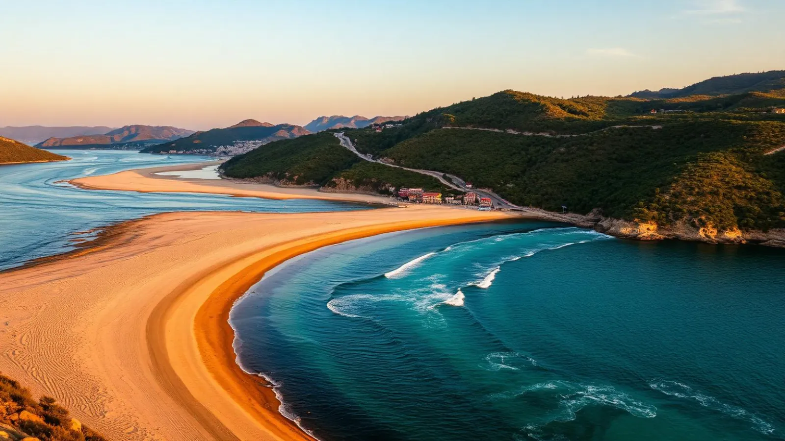 Veleka river curving into the Black Sea beside Sinemorets's wild sandy beach
