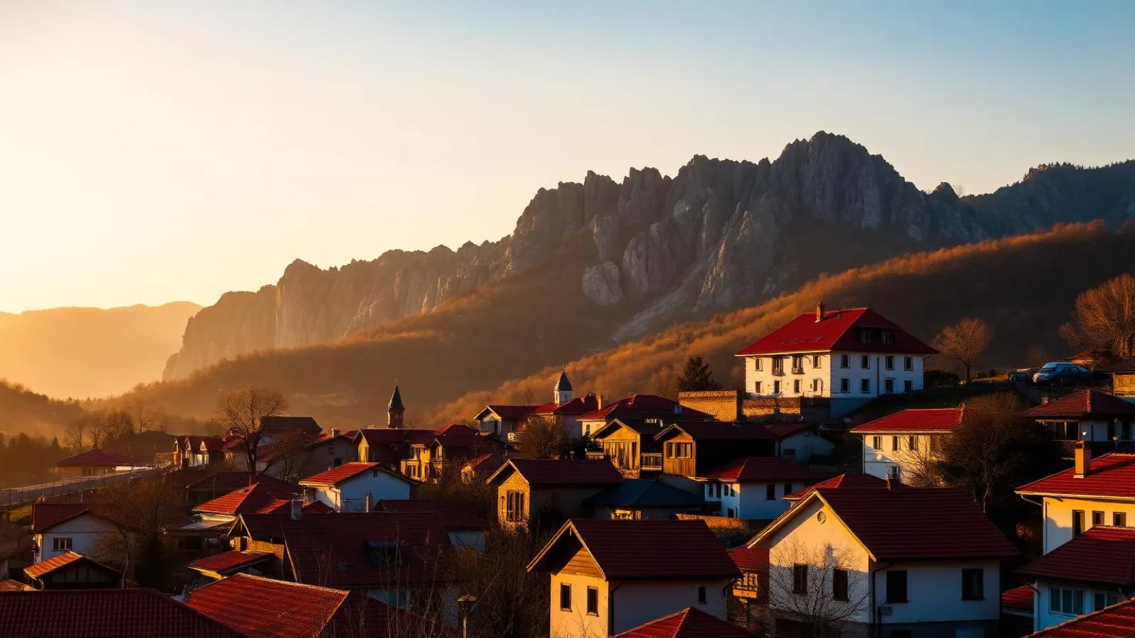 Rooftops of Sliven spreading out at the foot of the rocky Sini Kamani Balkan range
