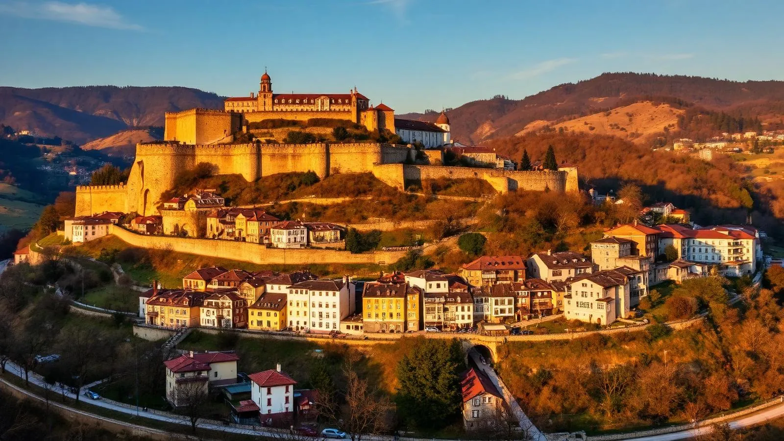 Houses of Veliko Tarnovo cascading down cliffs above the meandering Yantra river