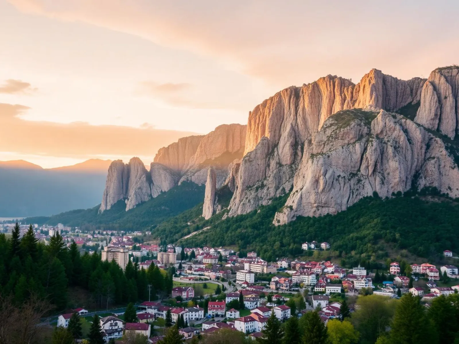 Town of Vratsa nestled at the foot of the dramatic Vratsata limestone cliffs